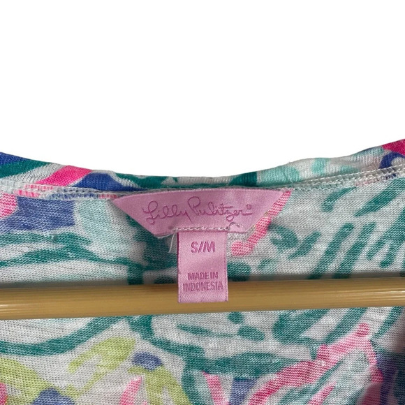 Lilly Pulitzer Iris Blue Casa Azul Hartwell Boxy Linen Floral Tee Pink/Blue S/M - Picture 6 of 11
